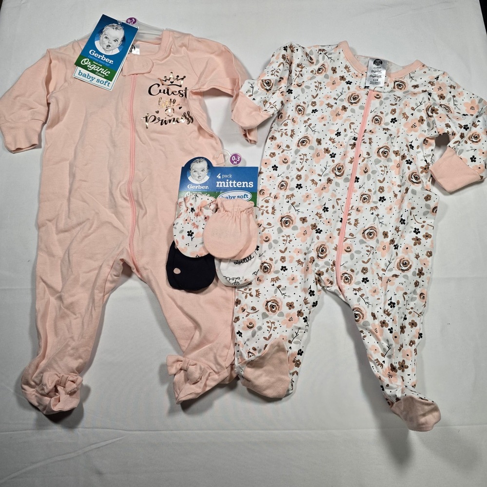 Gerber‎ Baby Girl Organic Cotton Sleep & Play Set Floral Pink 6 Piece 0-3M NWT